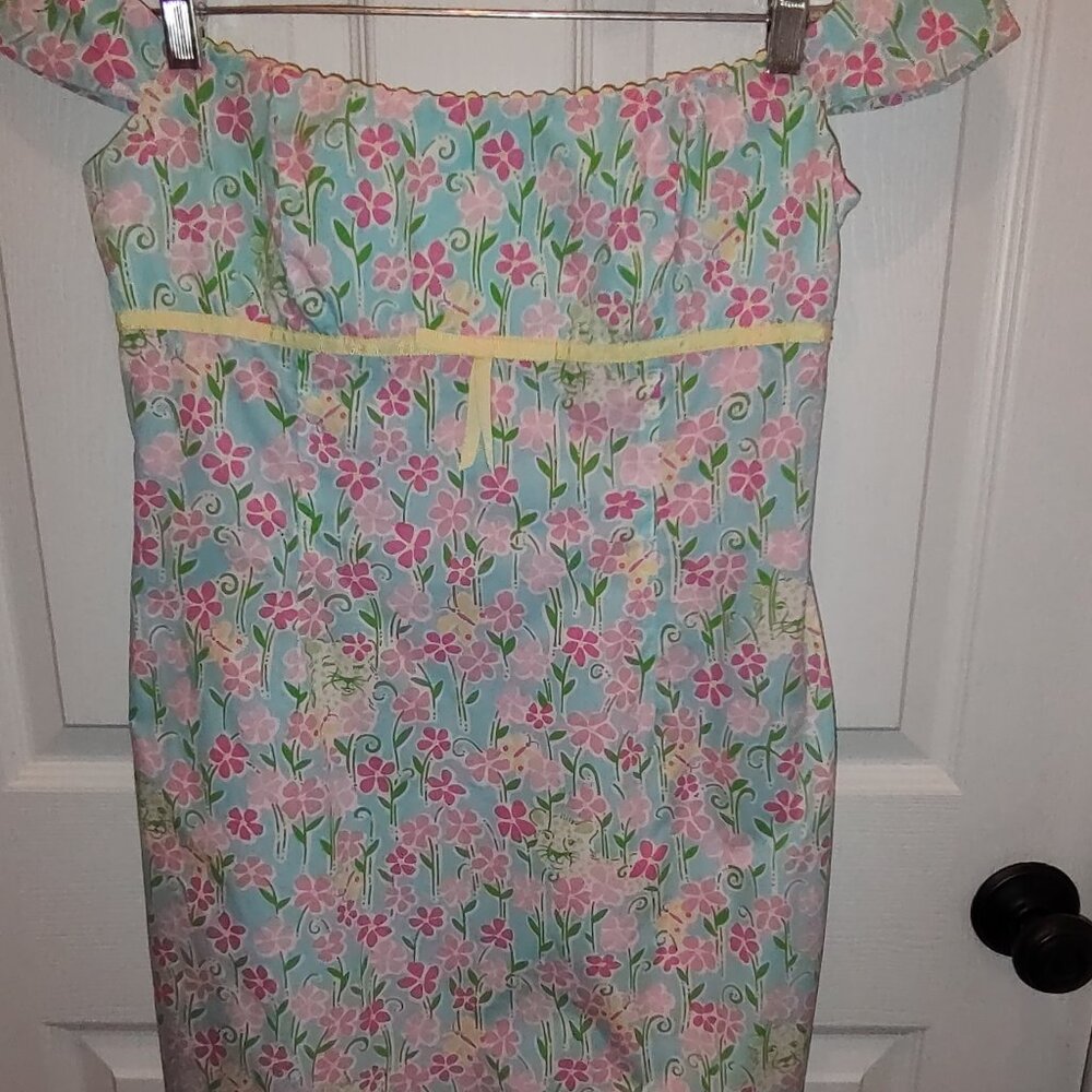 Lilly Pulitzer Dress Worn Off-Shoulders Floral Coffon and Lined Back Zip Size 8